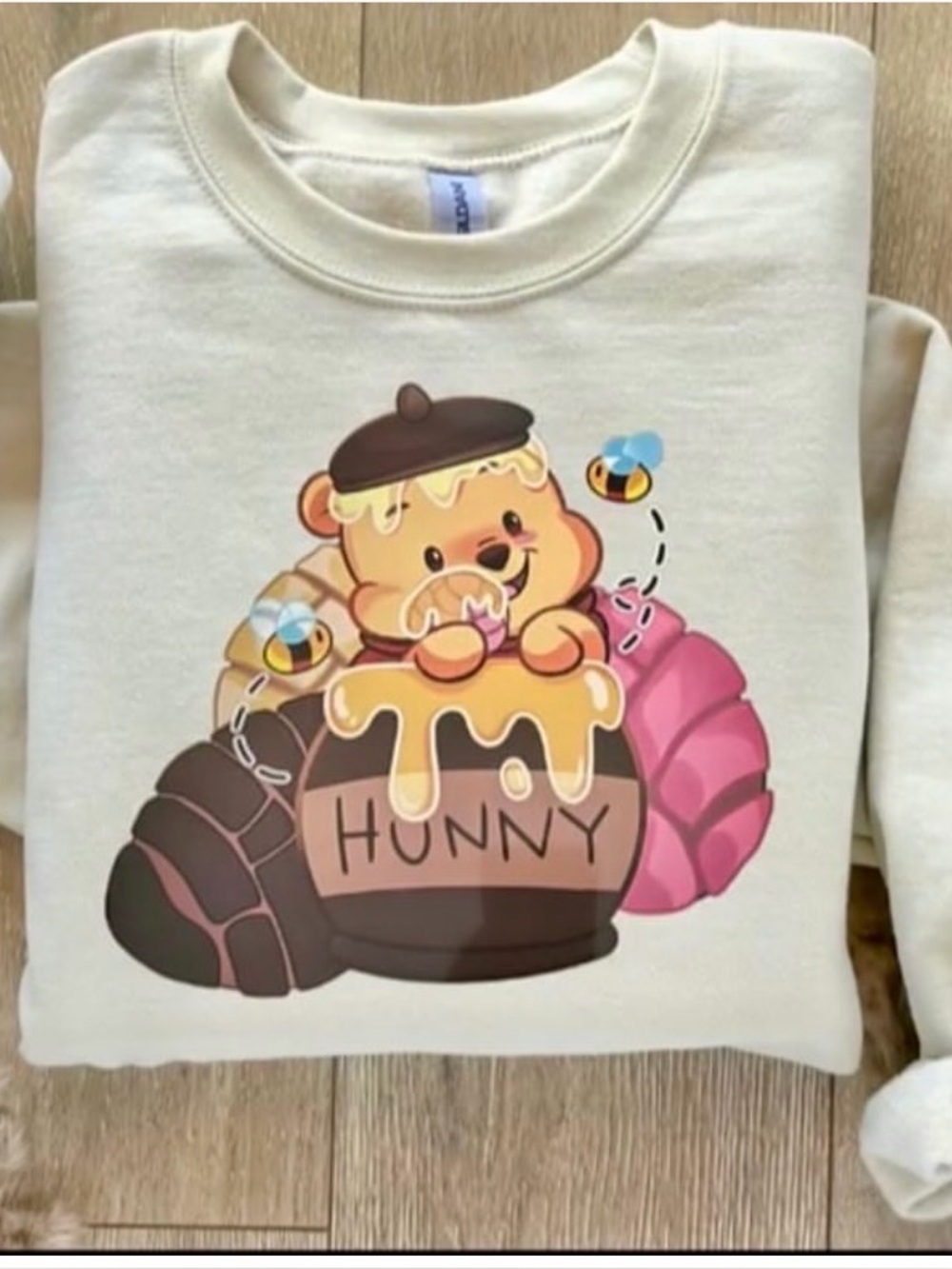 Gildan Cream Sweatshirt with Honey Bear Graphic and Pink Accents